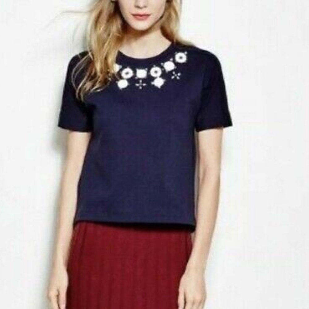 J.Crew Women's Jeweled Neckline Navy Blue Short Sleeve Sweatshirt Top Size Small